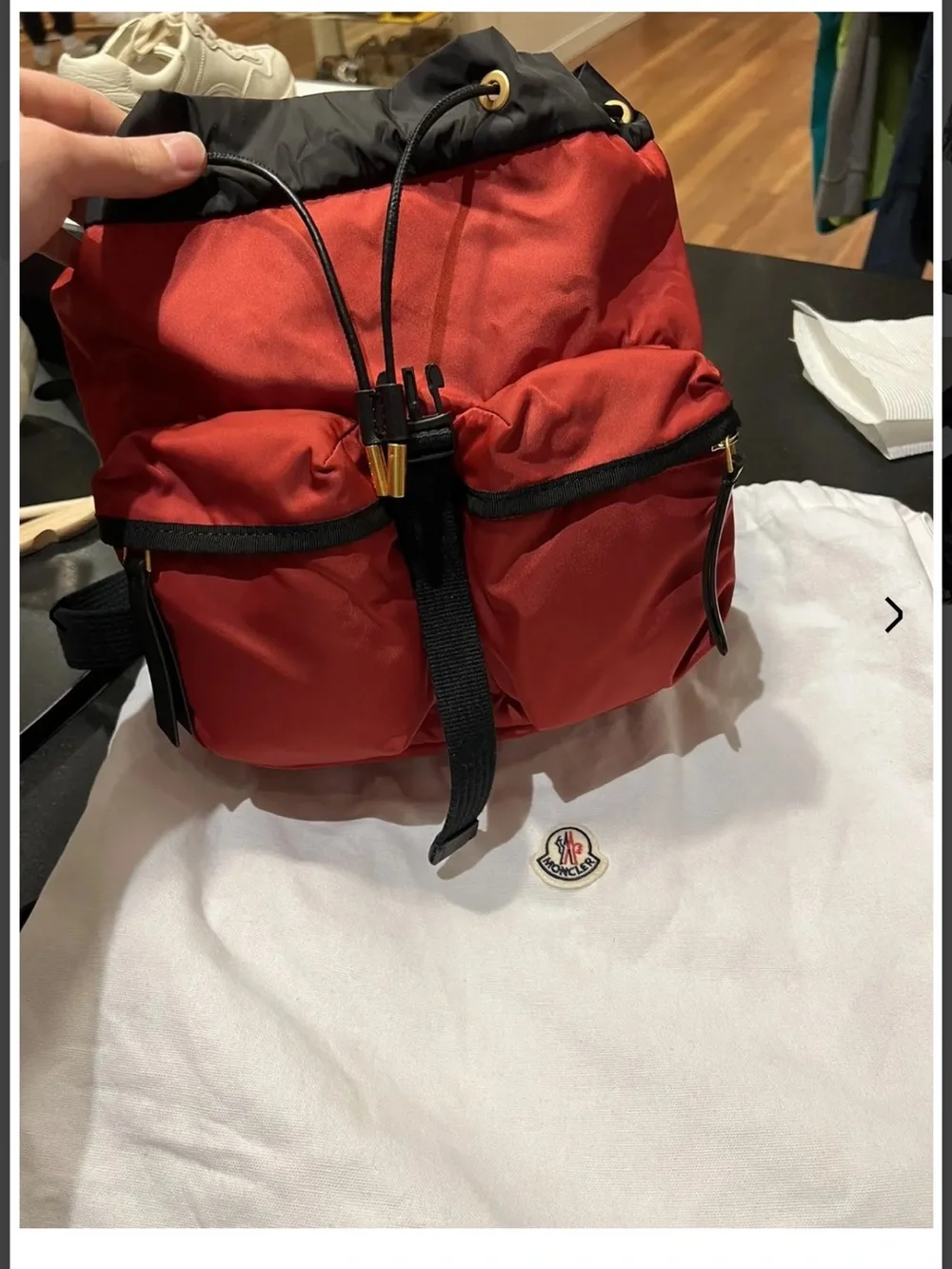 Moncler Red Nylon Mini Backpack with Gold-Tone Accents